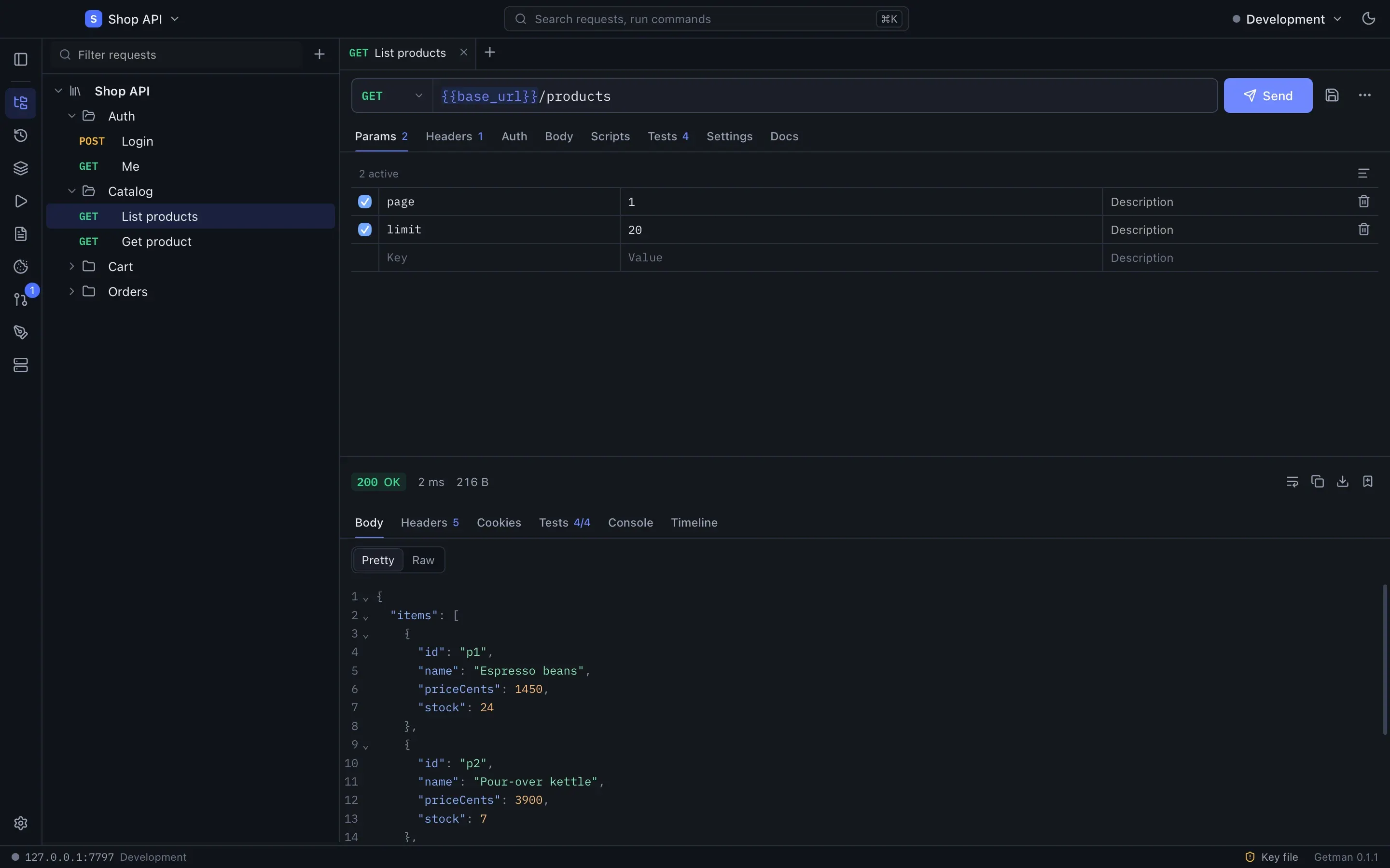نافذة Getman: طلب GET محفوظ إلى Shop API مع استجابة JSON بحالة 200 OK، ومدتها وحجمها.